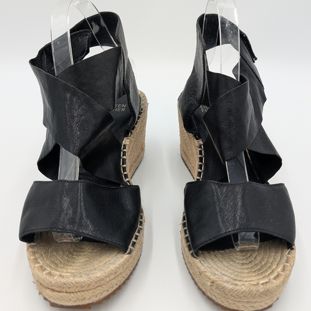 Eileen Fisher Willow Black Tumbled Leather Crisscross Espadrille Wedge 9.5 - Picture 2 of 10